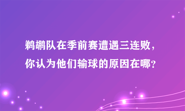 鹈鹕队在季前赛遭遇三连败，你认为他们输球的原因在哪？