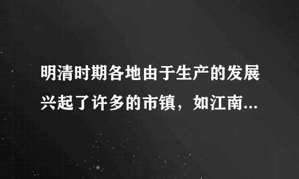 明清时期各地由于生产的发展兴起了许多的市镇，如江南的盛泽镇、濮院镇、王江泾镇、枫泾镇，广东的佛山镇，江西的景德镇等，都是以商品生产而闻名的。材料所反映的我国古代经济现象是（　　）A. 长途贩运的发展B. 商人地位的提高C. “商帮”的出现D. 商业城镇的繁荣