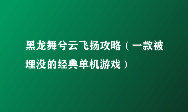 黑龙舞兮云飞扬攻略（一款被埋没的经典单机游戏）