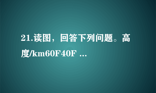 21.读图，回答下列问题。高度/km60F40F B热-100-50050100温度/℃ 地面大气的温度垂直分布曲线图第21题图(1)甲图中大气分层的主要依据是__ _。(2)乙图中空气以_____(填”平流”或”对流”)运动为主。根据其运动原理，判定这种运动主要存在于图甲的_______层。