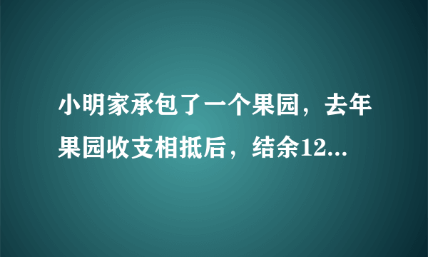 小明家承包了一个果园，去年果园收支相抵后，结余12000元，今年水果丰收，估计收入可比去年增加20%，并且今年因为改进了种植技术，支出比去年减少10%，这样今年结余预计比去年多11400元，计算小明家今年种植水果的收入和支出情况．