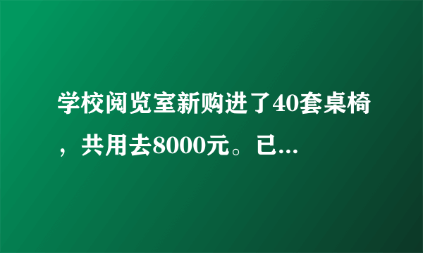 学校阅览室新购进了40套桌椅，共用去8000元。已知每把椅子75元，每张桌子多少元？解：设每张桌子x元。可以这样想：（）+（）=8000元列方程：（）也可以这样想：（    +    ）×（）=8000元列方程：（）