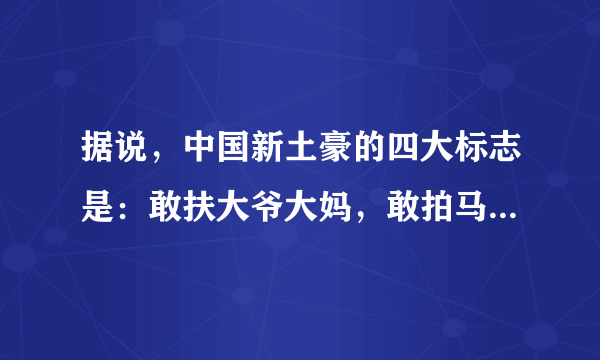 据说，中国新土豪的四大标志是：敢扶大爷大妈，敢拍马云涂鸦，敢吃新疆切糕